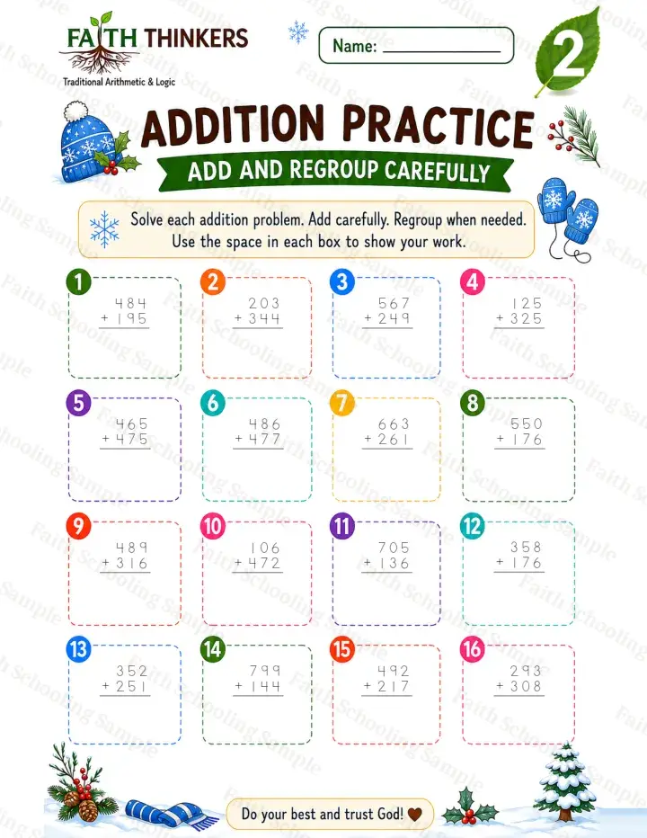 2nd Grade math worksheet — Winter Addition Practice 2 (free printable)
