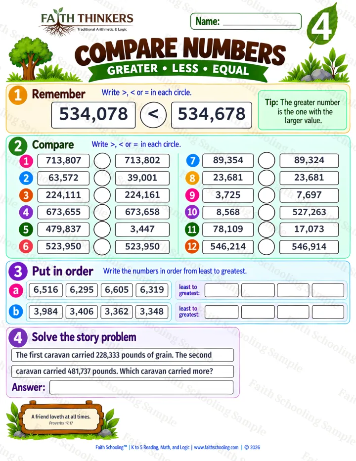 Grade 4 Compare Numbers worksheet preview