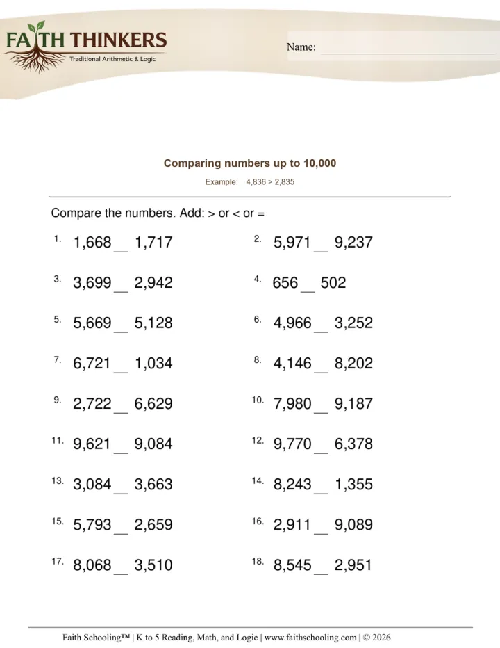 Comparing Ordering Numbers worksheet sample