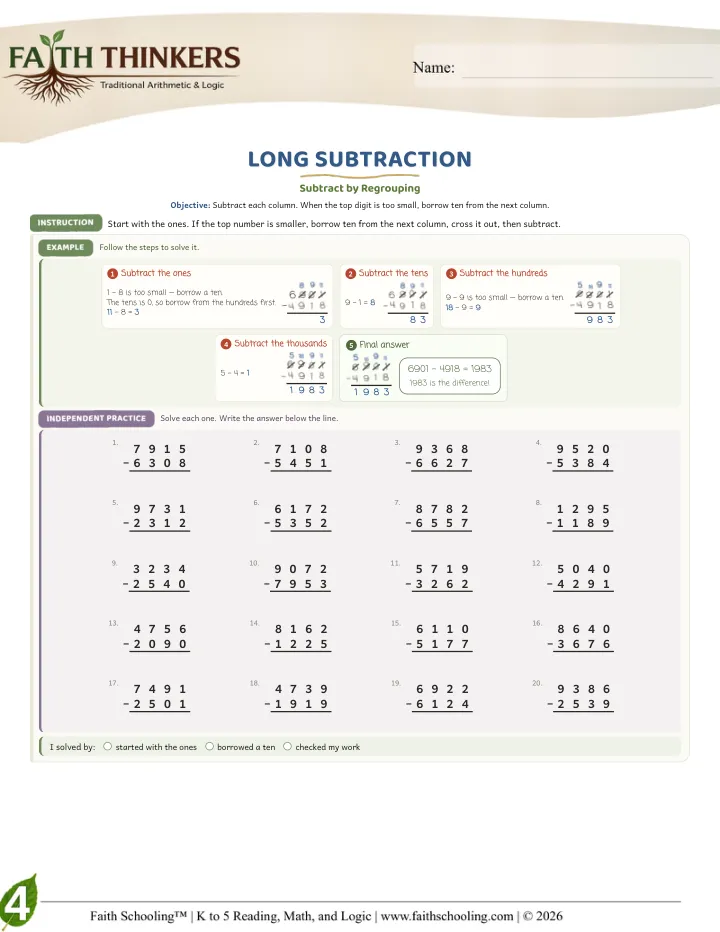 Longsubtraction worksheet sample