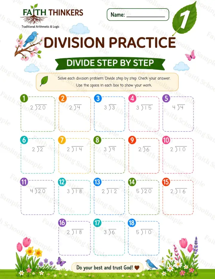1st Grade math worksheet — Spring Division Practice 1 (free printable)