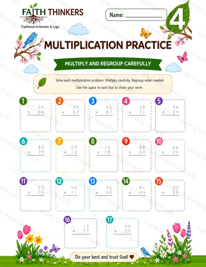 4th Grade math worksheet — Spring Multiplication Practice 3 (free printable)