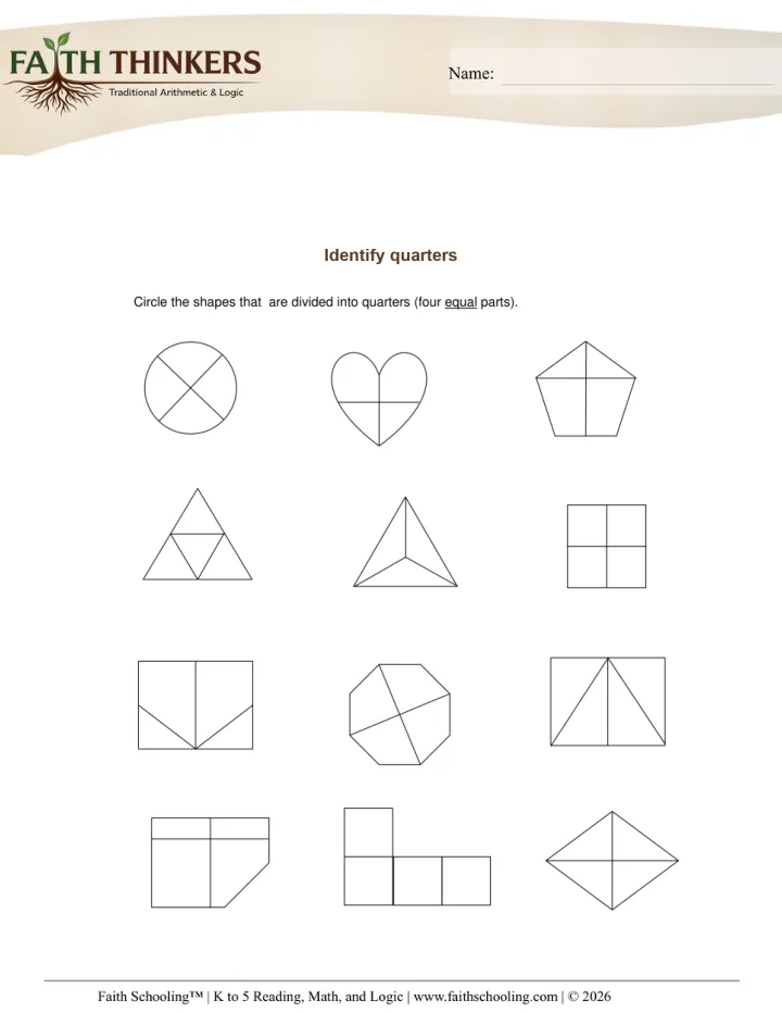 Halves Thirds Quarters worksheet sample