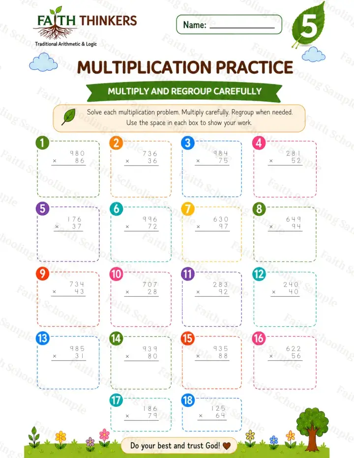 5th Grade math worksheet — Summer Multiplication Practice 1 (free printable)