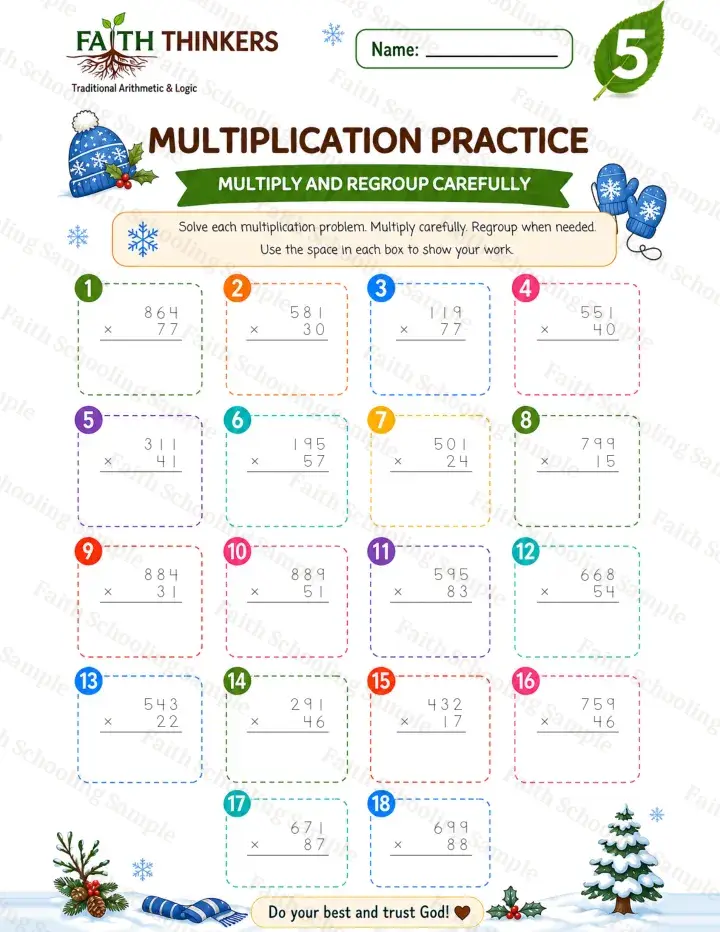 5th Grade math worksheet — Winter Multiplication Practice 2 (free printable)