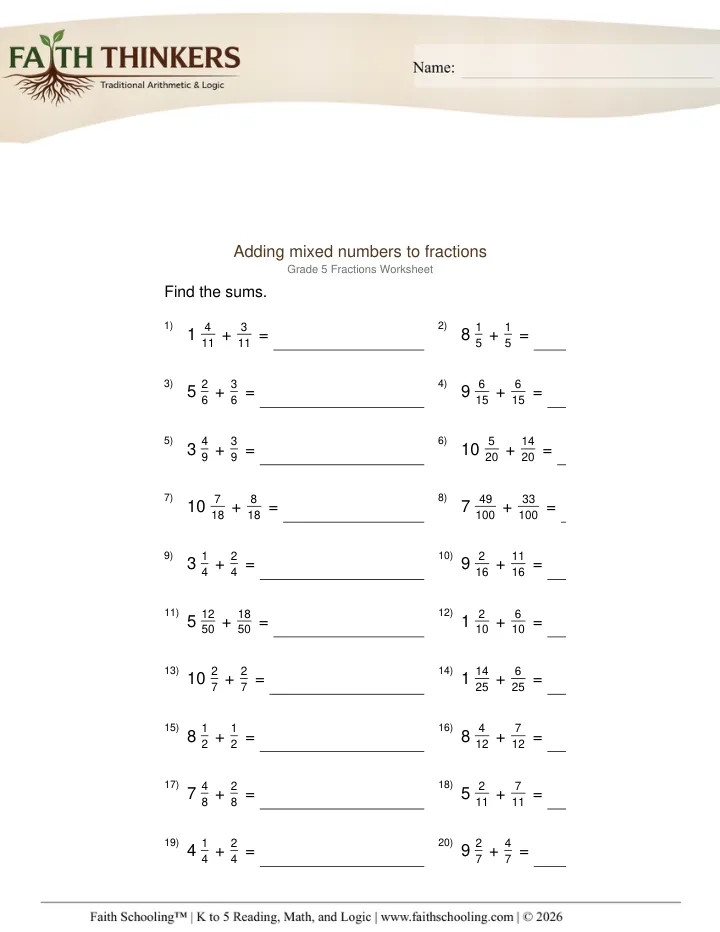Fractions worksheet sample