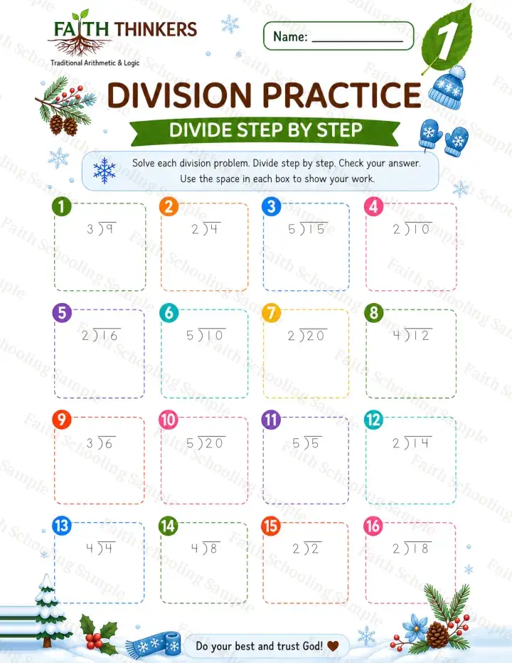 1st Grade math worksheet — Winter Division Practice 3 (free printable)