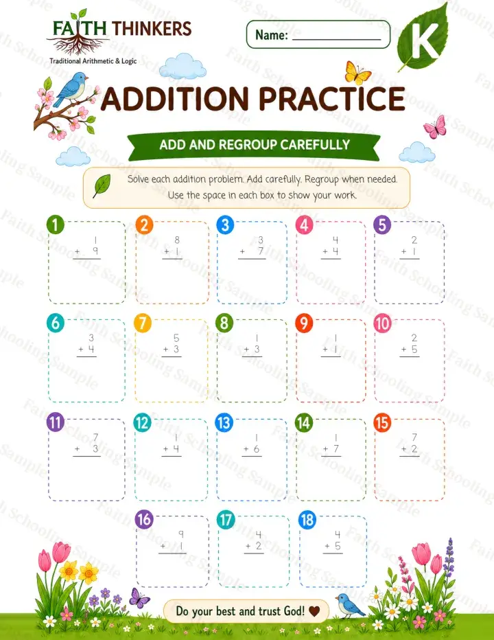 Kindergarten math worksheet — Spring Addition Practice 2 (free printable)