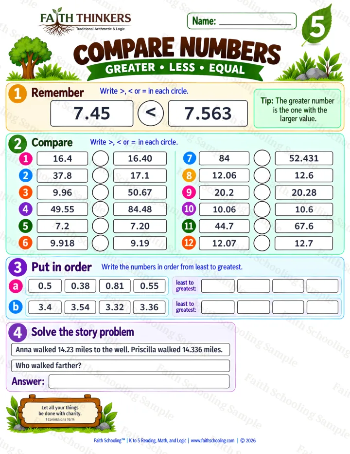 5th Grade math worksheet — Compare Numbers Practice 1 (free printable)