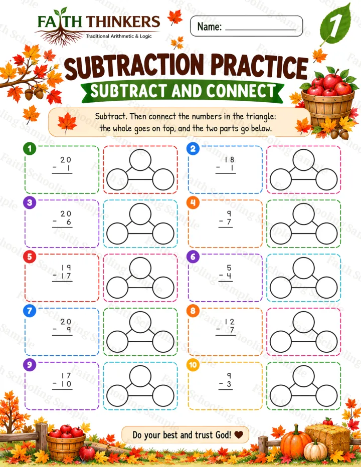 Grade 1 Fall Subtract And Connect worksheet preview