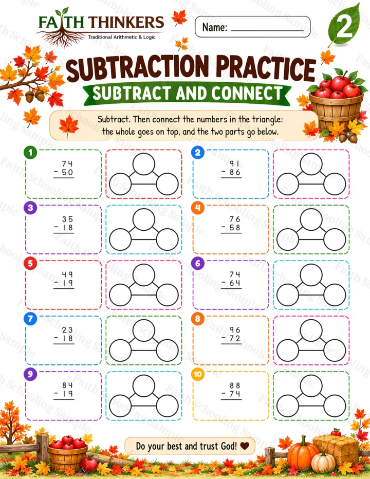Grade 2 Fall Subtract And Connect worksheet preview