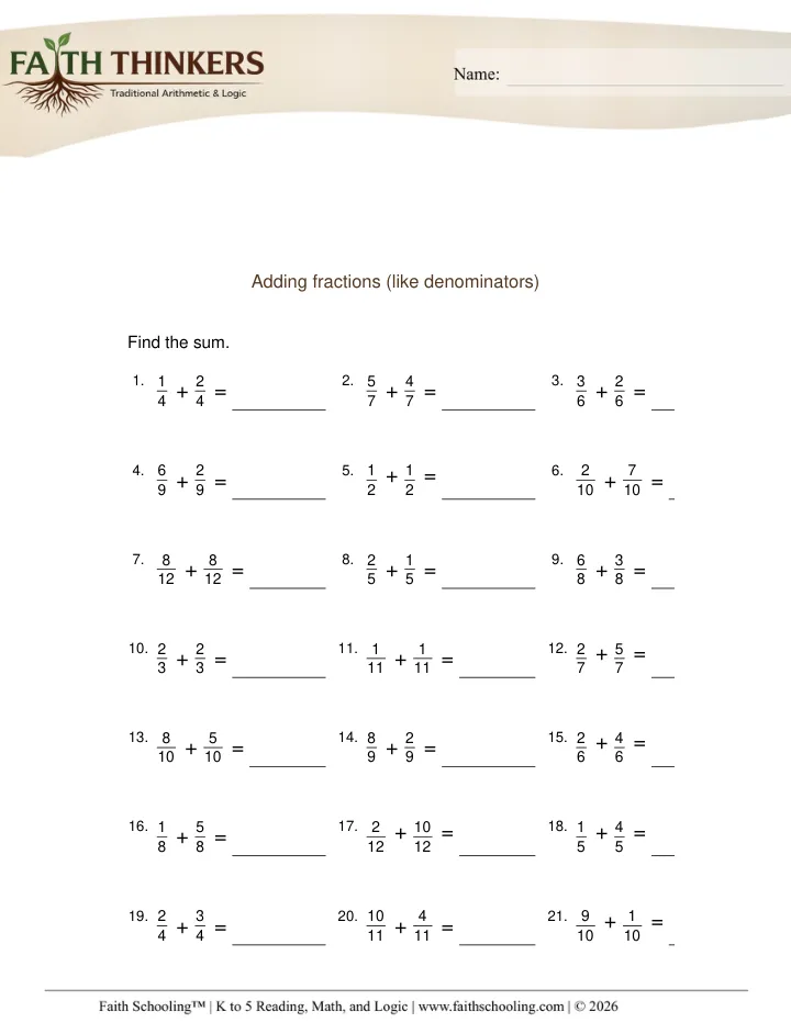 Adding Fractions worksheet sample