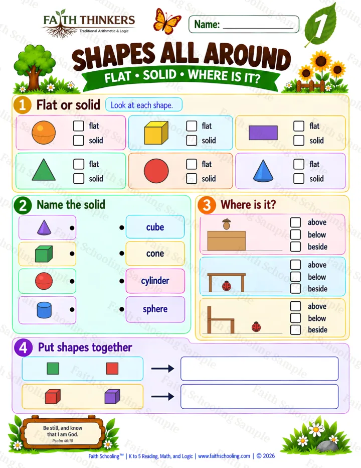1st Grade math worksheet — Shapes All Around Practice 1 (free printable)