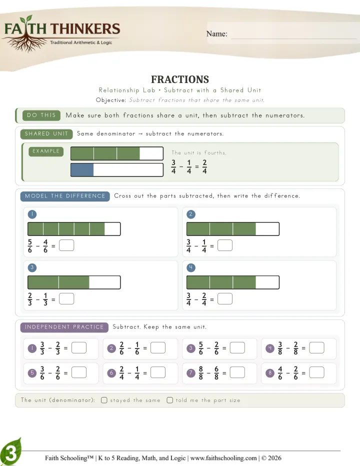 Fractions worksheet sample