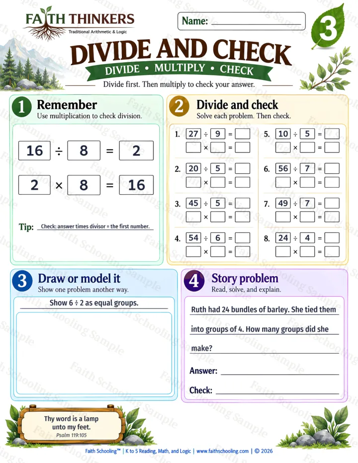 3rd Grade math worksheet — Divide And Check Practice 1 (free printable)