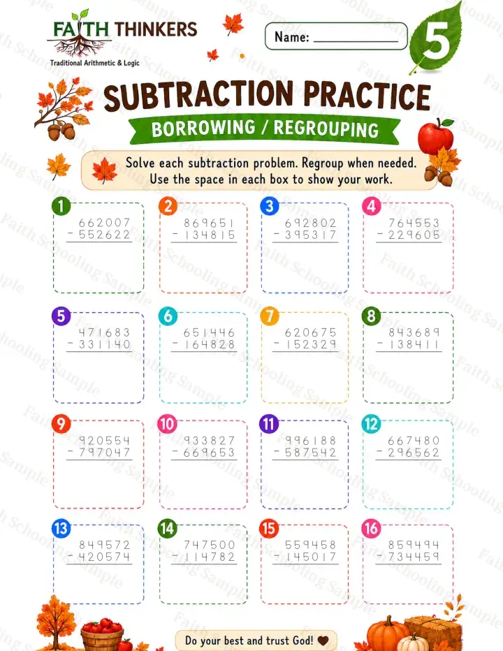5th Grade math worksheet — Fall Subtraction Practice 3 (free printable)