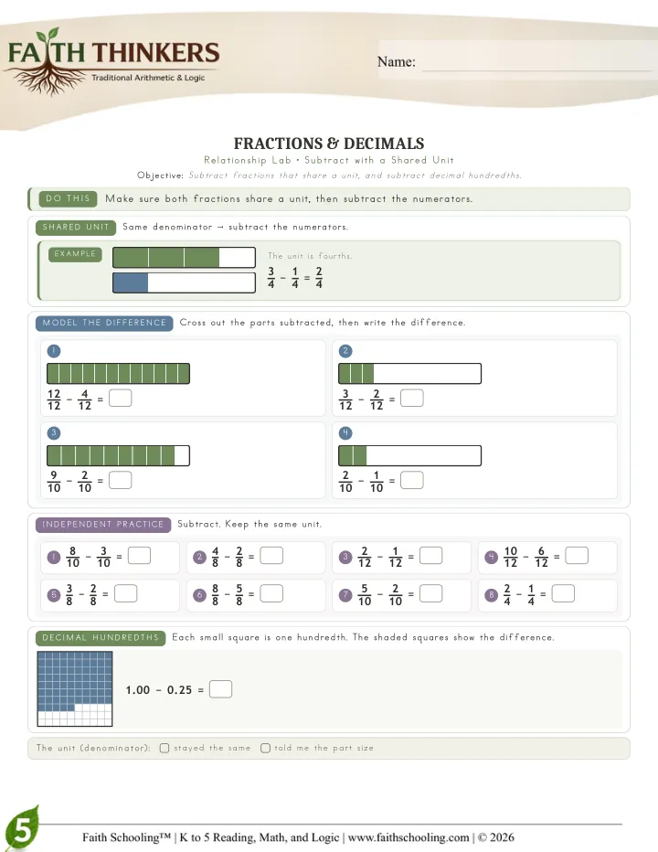 Fractions worksheet sample