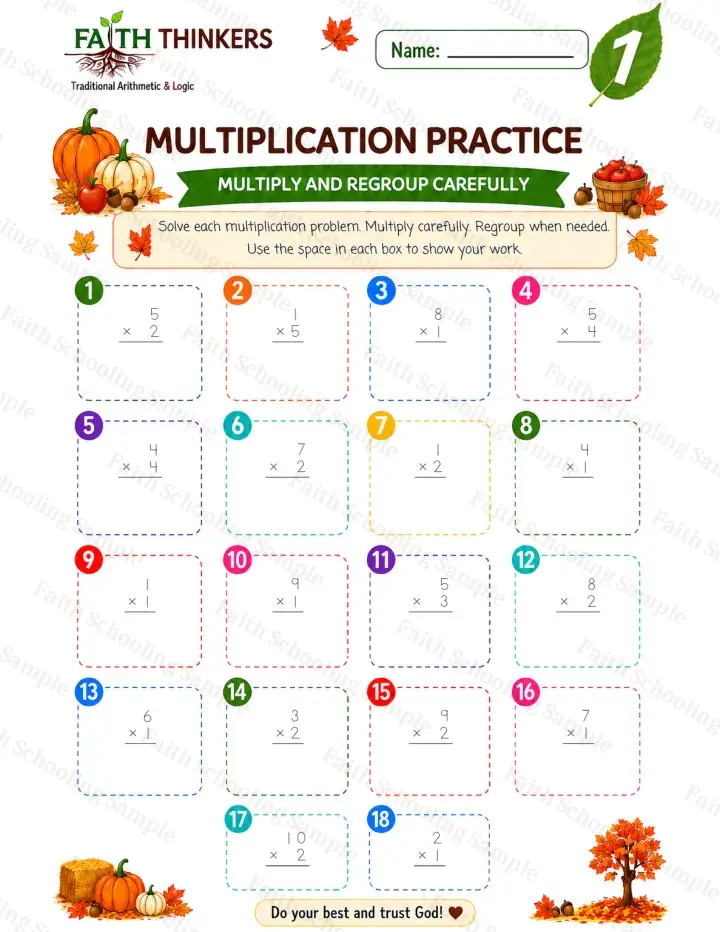 1st Grade math worksheet — Fall Multiplication Practice 1 (free printable)