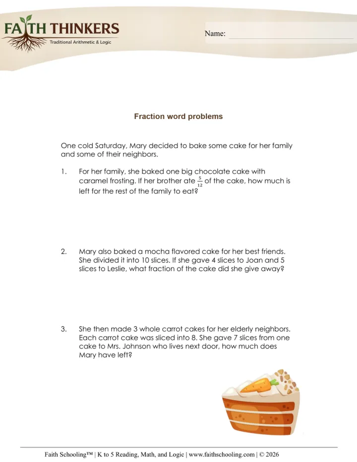 Fraction Word Problems worksheet sample