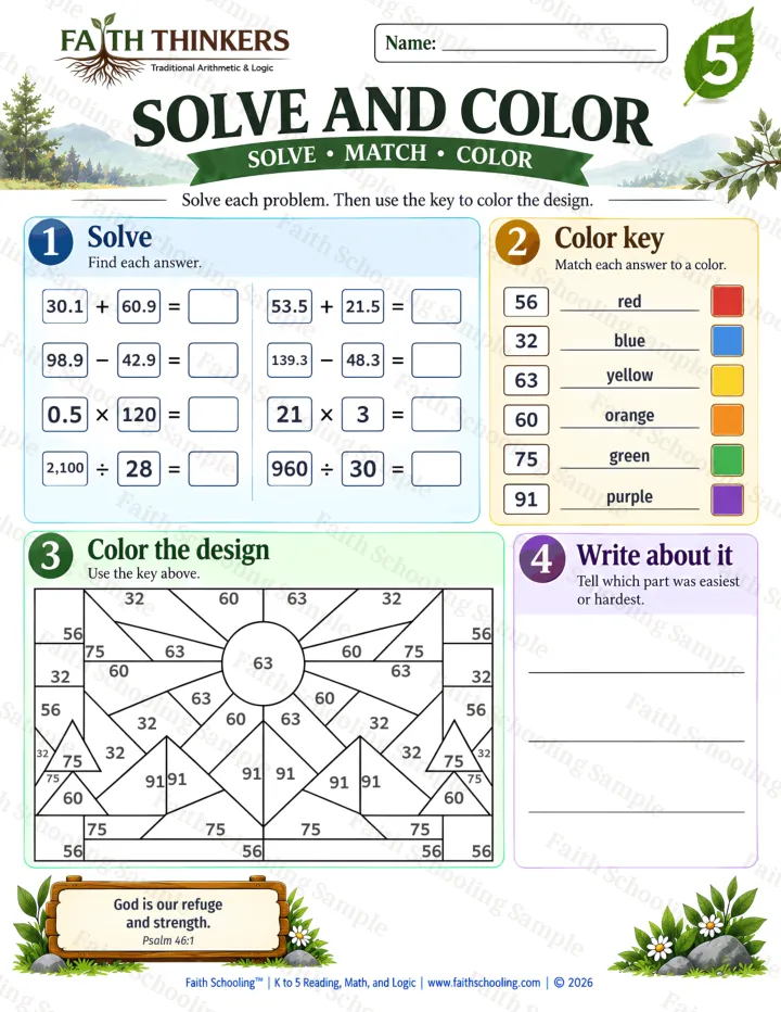 Grade 5 Solve And Color worksheet preview