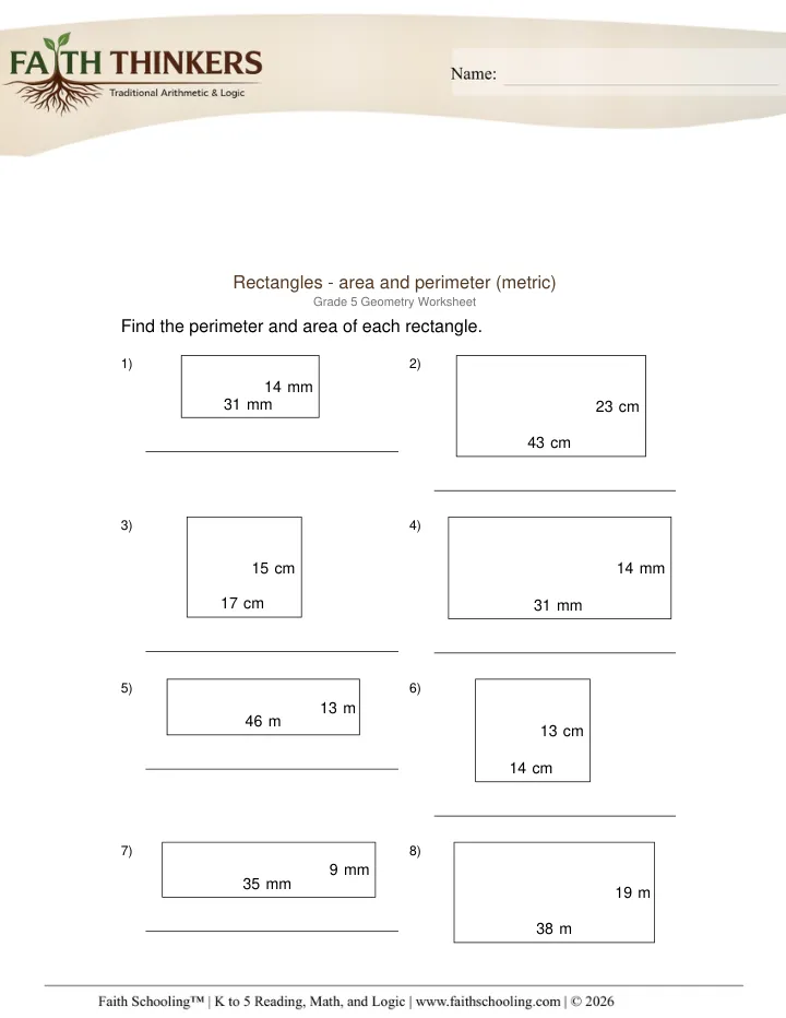 Perimeter Area worksheet sample