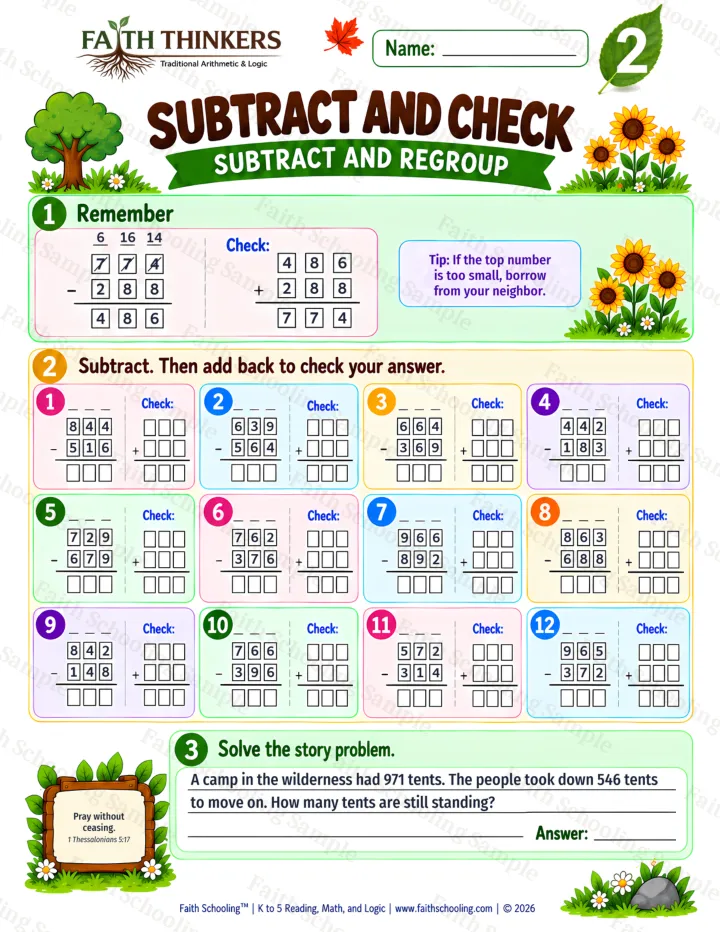 Grade 2 Subtract And Check worksheet preview