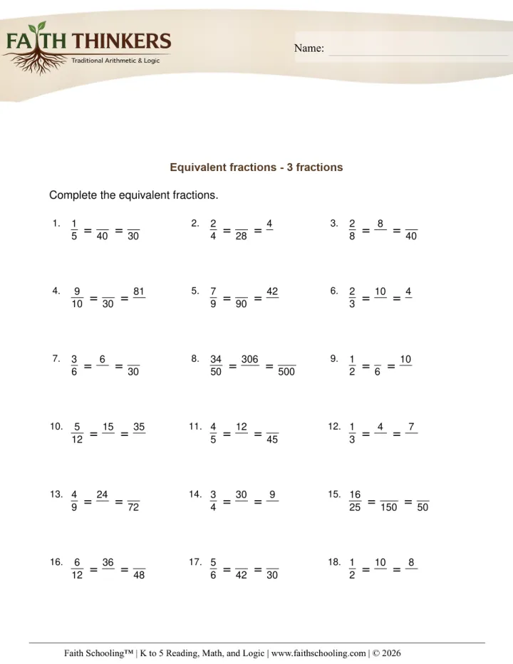 Equivalent Fractions worksheet sample