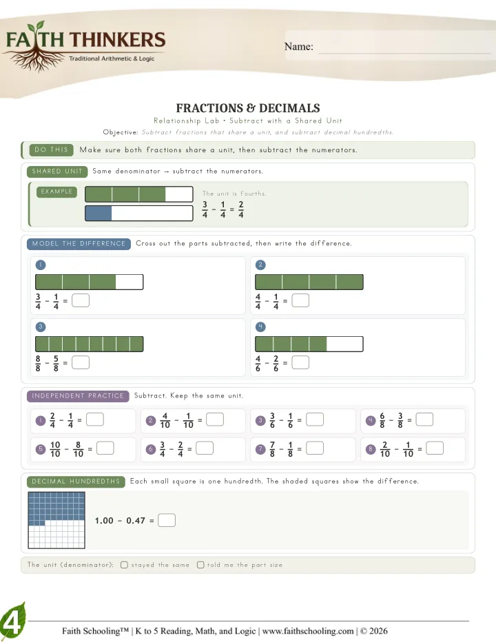 Fractions worksheet sample