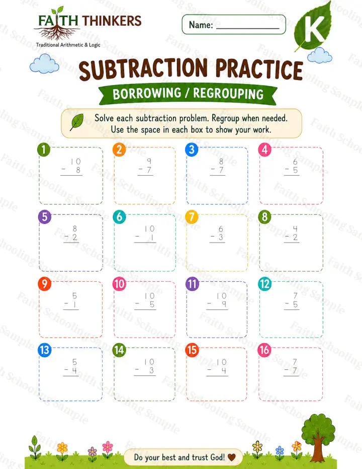 Kindergarten math worksheet — Summer Subtraction Practice 3 (free printable)