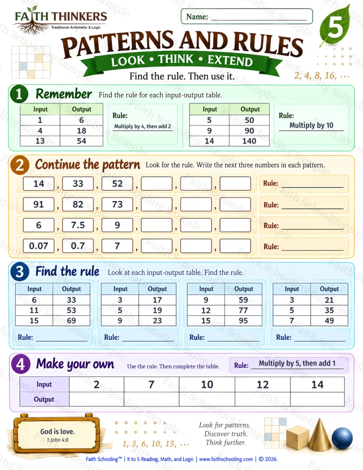 Grade 5 Patterns And Rules worksheet preview