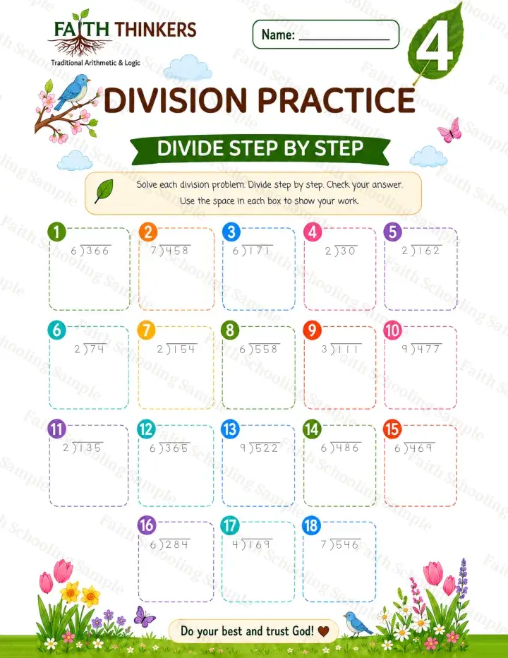 4th Grade math worksheet — Spring Division Practice 1 (free printable)