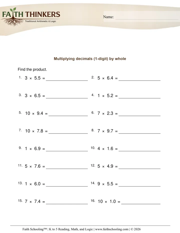 Multiplying Decimals worksheet sample