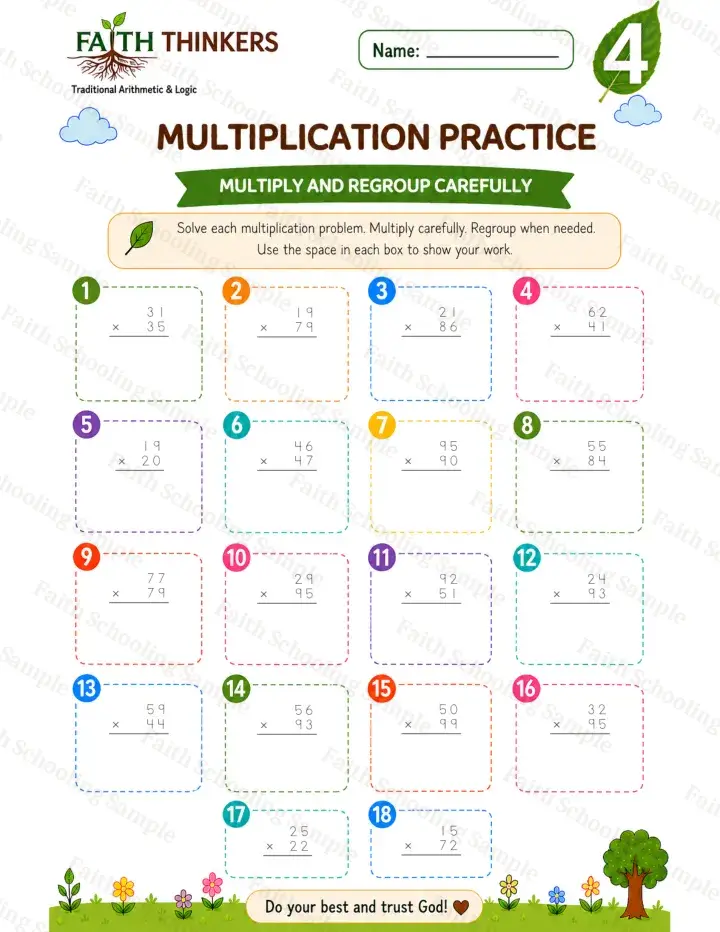 4th Grade math worksheet — Summer Multiplication Practice 1 (free printable)