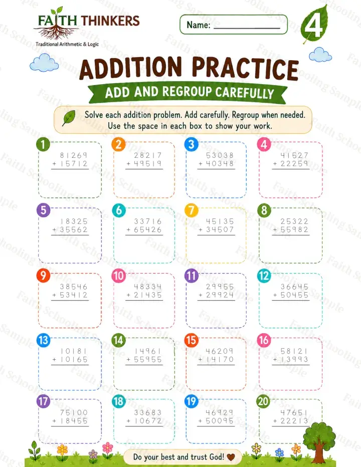 4th Grade math worksheet — Summer Addition Practice 3 (free printable)