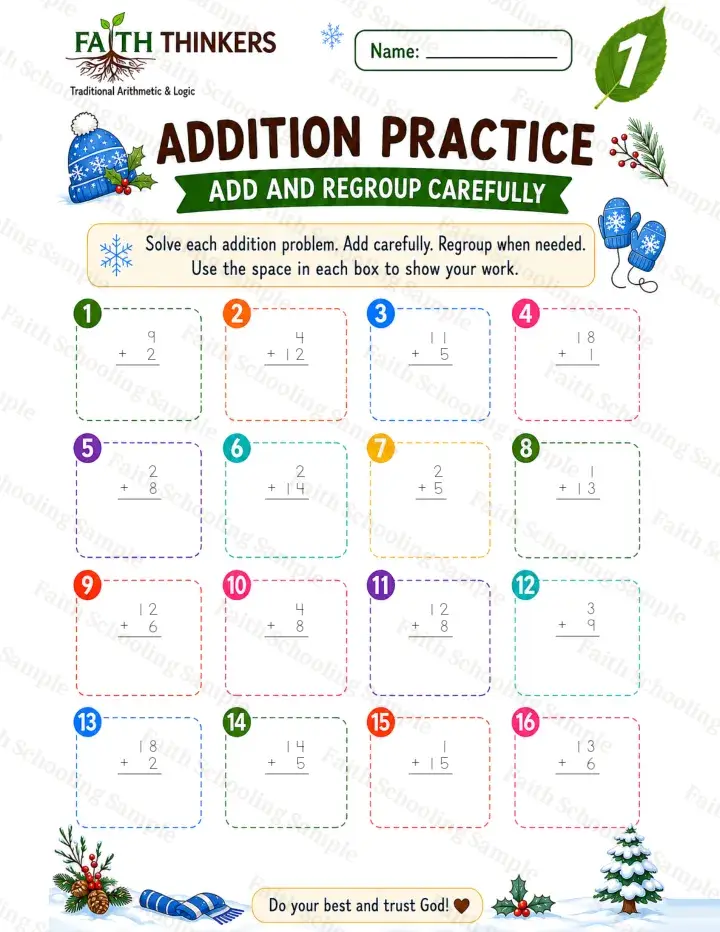1st Grade math worksheet — Winter Addition Practice 3 (free printable)