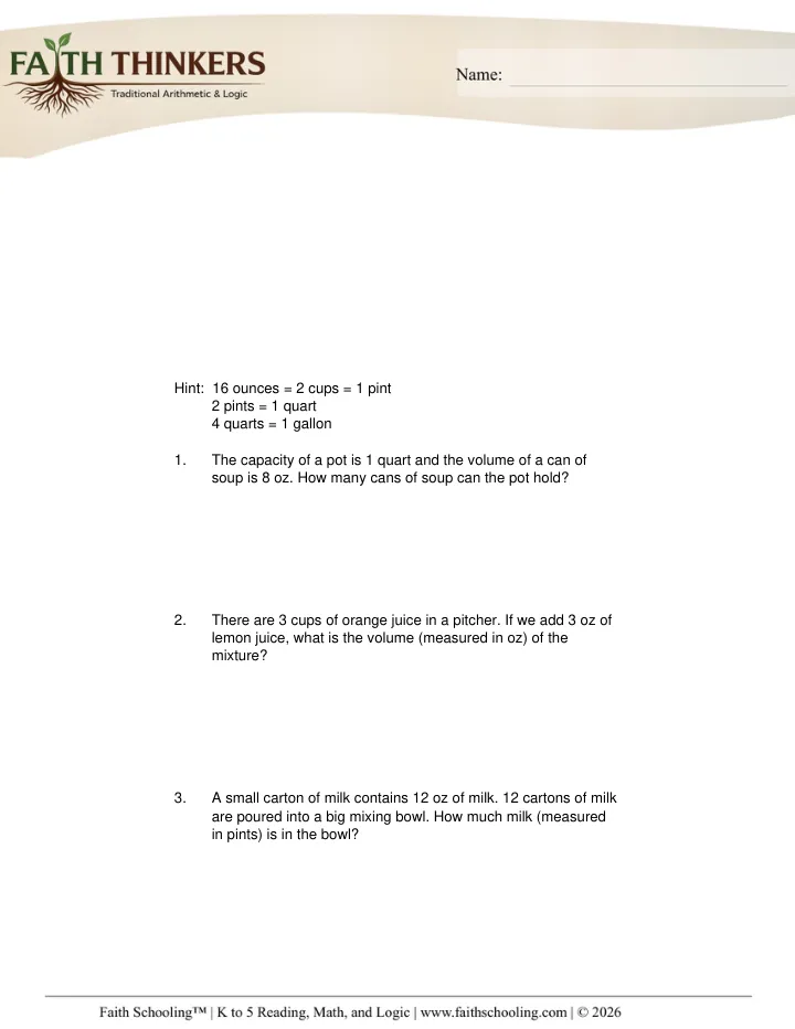 Measurement Word Problems worksheet sample