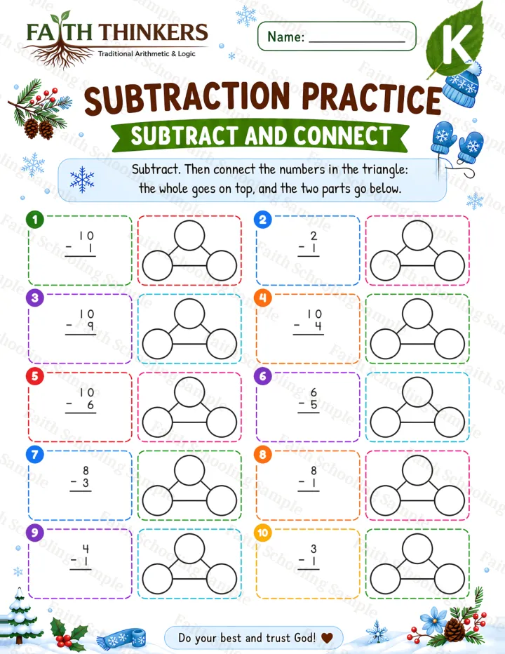 Kindergarten Winter Subtract And Connect worksheet preview