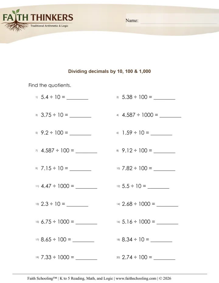 Dividing Decimals worksheet sample