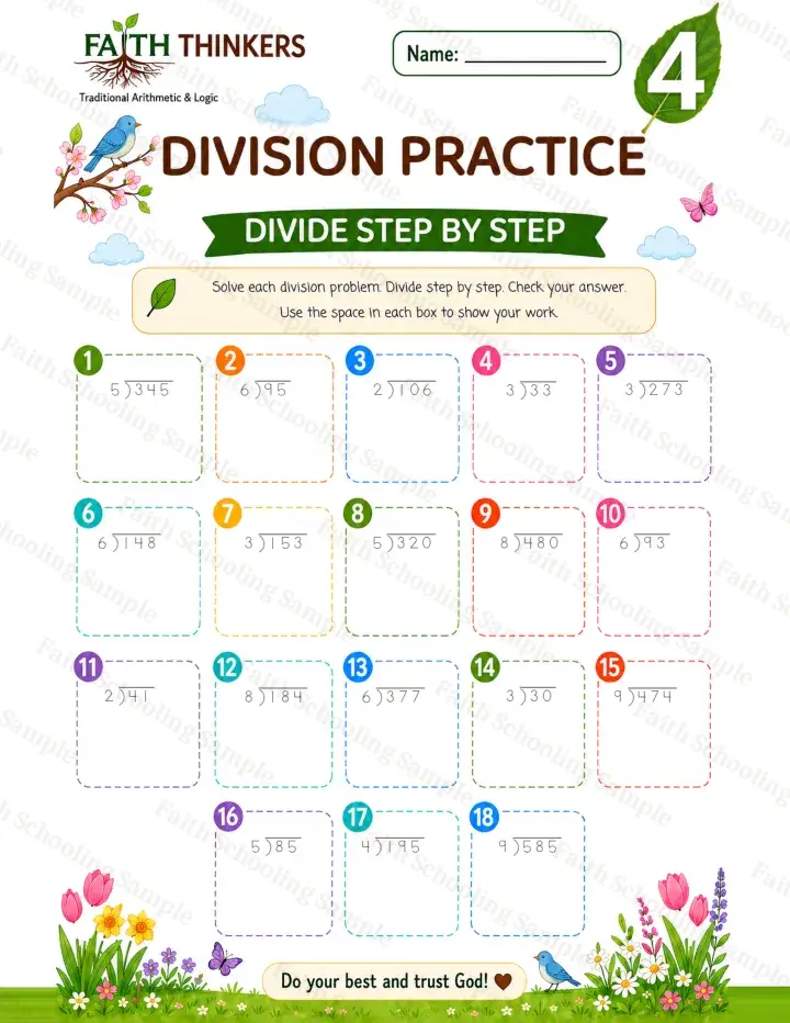 4th Grade math worksheet — Spring Division Practice 3 (free printable)