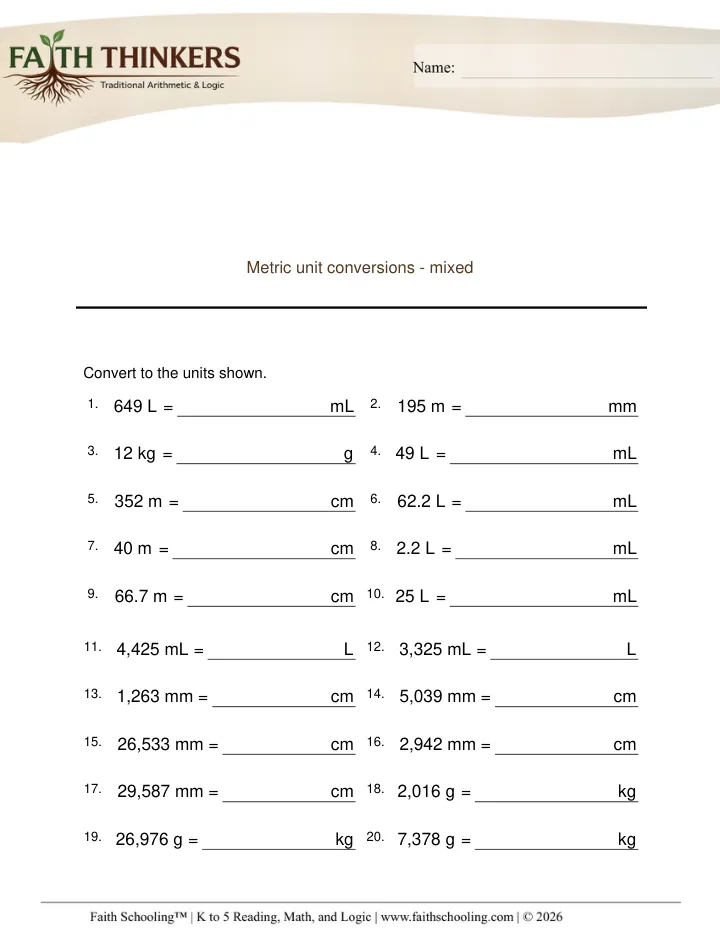 Metric Measurement worksheet sample