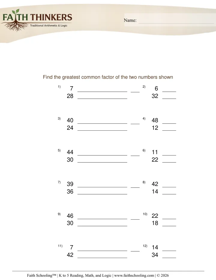 Factors Multiples worksheet sample
