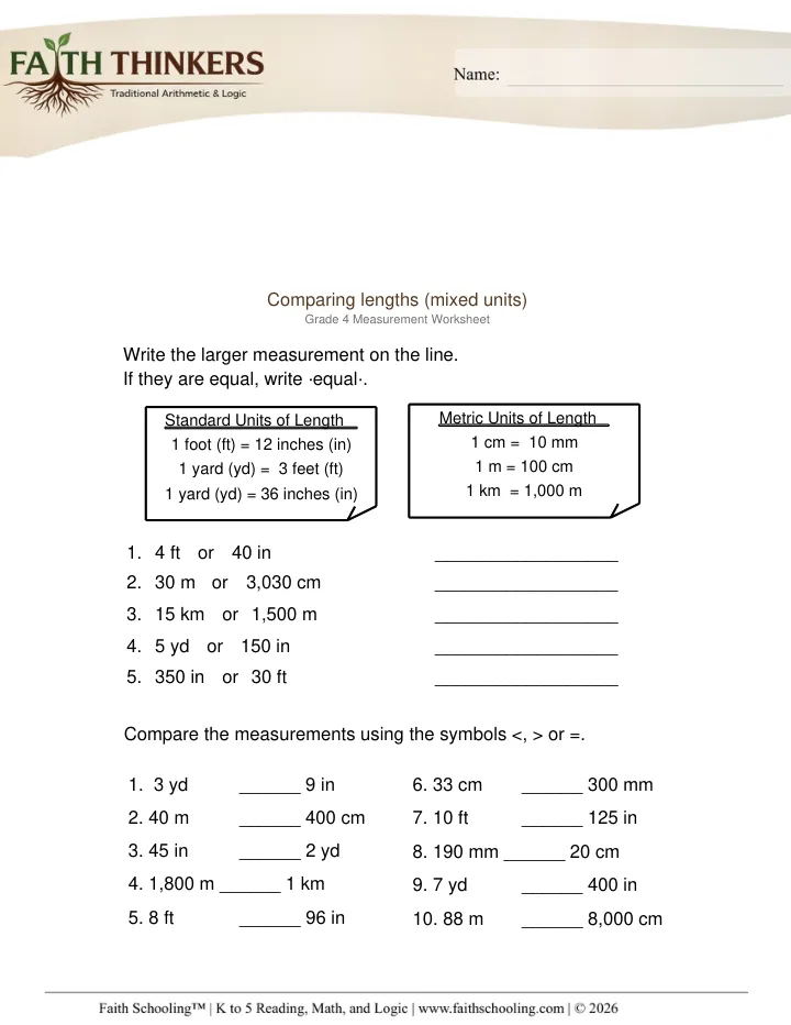 Length worksheet sample