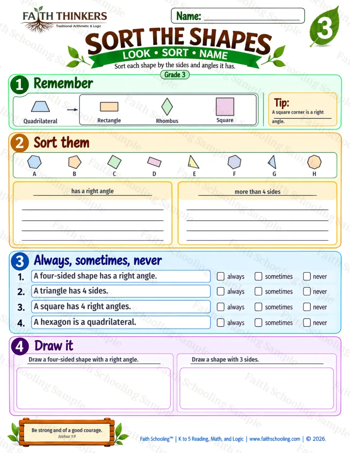 Grade 3 Sort The Shapes worksheet preview