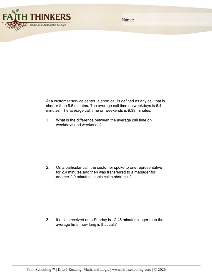 Word Problems worksheet sample