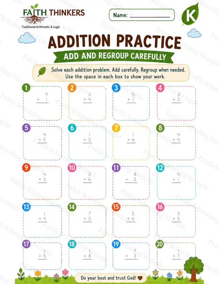 Kindergarten math worksheet — Summer Addition Practice 1 (free printable)