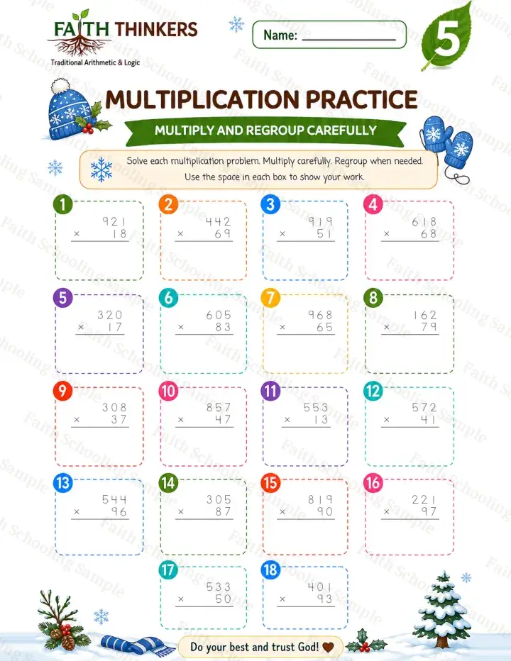 5th Grade math worksheet — Winter Multiplication Practice 3 (free printable)