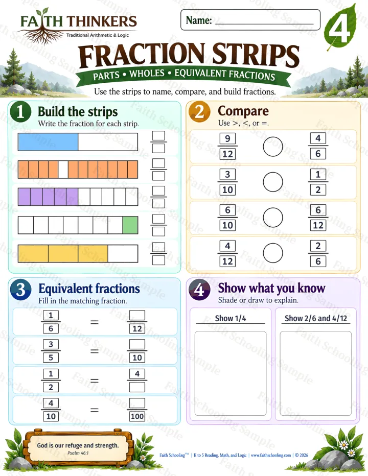 Grade 4 Fraction Strips worksheet preview