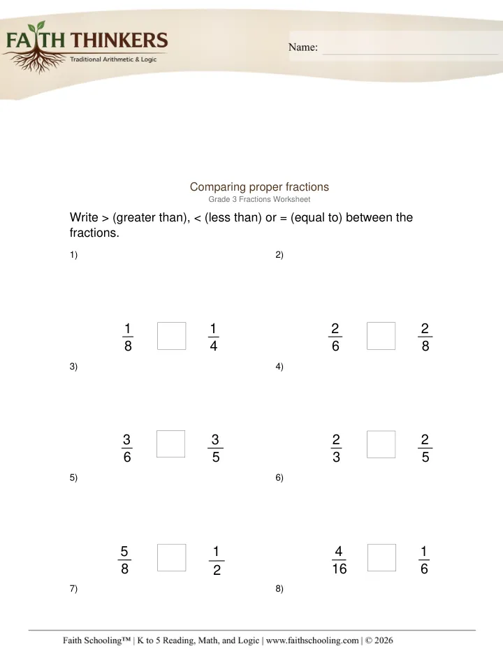 Comparing Ordering Fractions worksheet sample