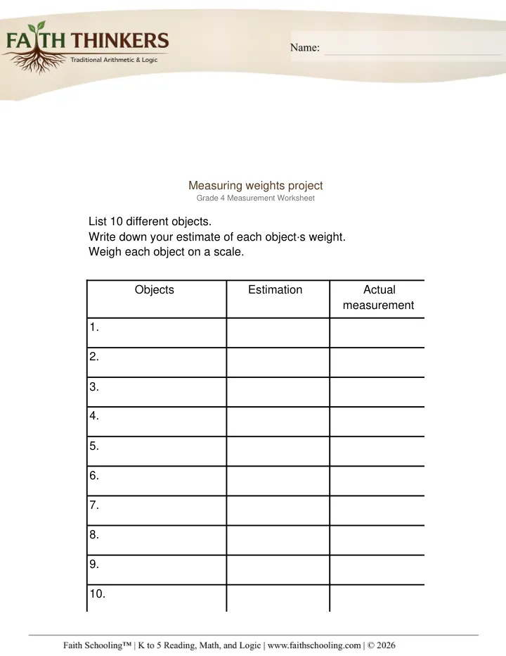 Measurement Activities worksheet sample