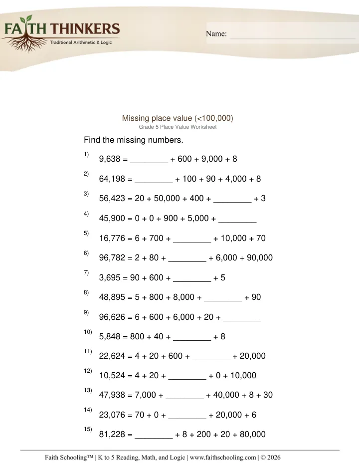 Place Value worksheet sample